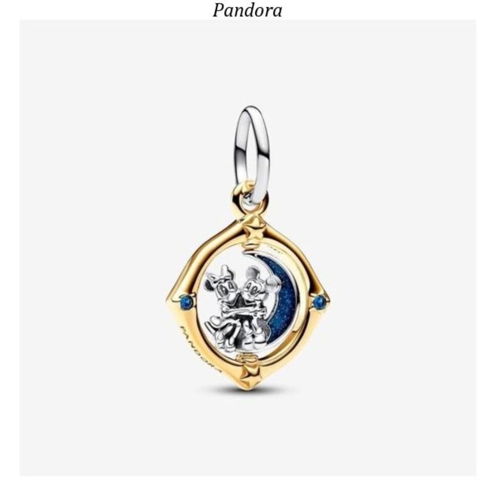 Authentic Disney Mickey, Minnie Mouse Twotone Spinning Moon Dangle Pandora Charm